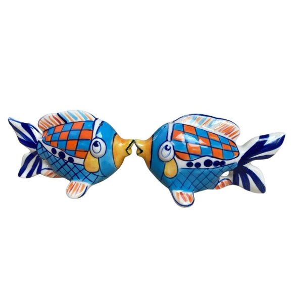Blue Sky Diane Kissing Fish Figurine Pair Hand Painted Ceramic Coastal Decor - Picture 4 of 7
